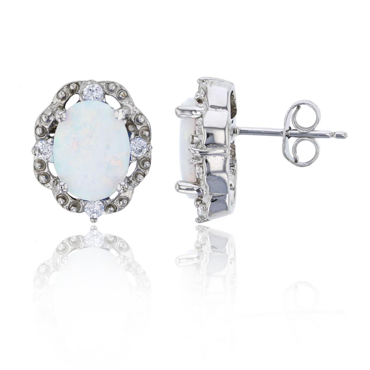 Sterling Silver Rhodium 11x13mm Created White Opal & Round CZ Halo Stud Earring