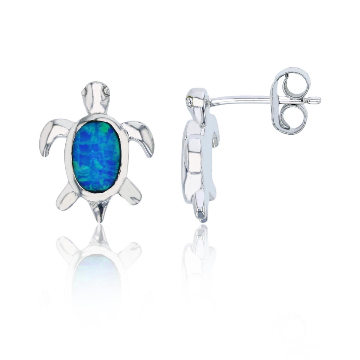 Sterling Silver Rhodium 11x13mm Created Blue Opal Turtle Stud Earring