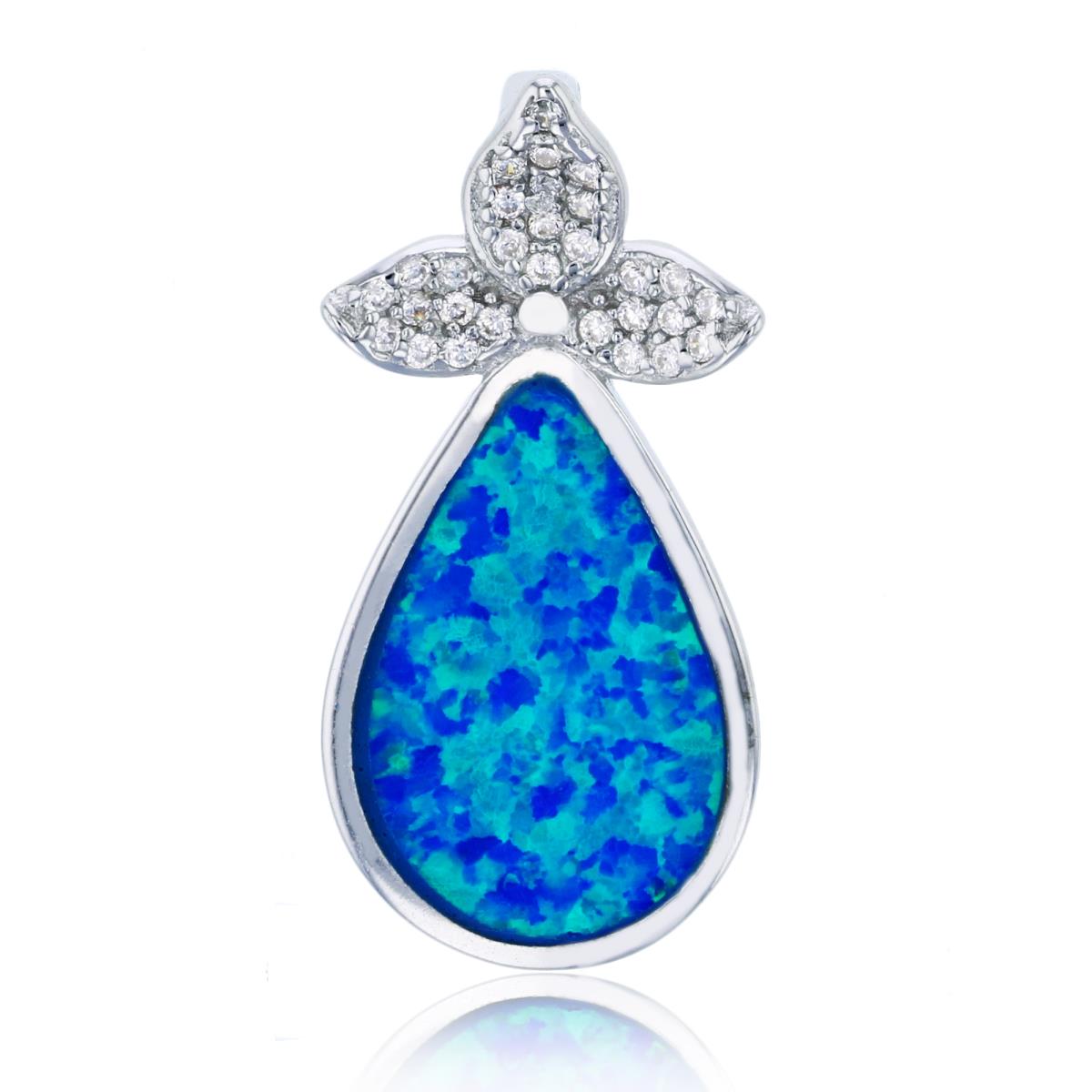 Sterling Silver Rhodium Created Blue Opal & White CZ Pear Shape Flower Pendant