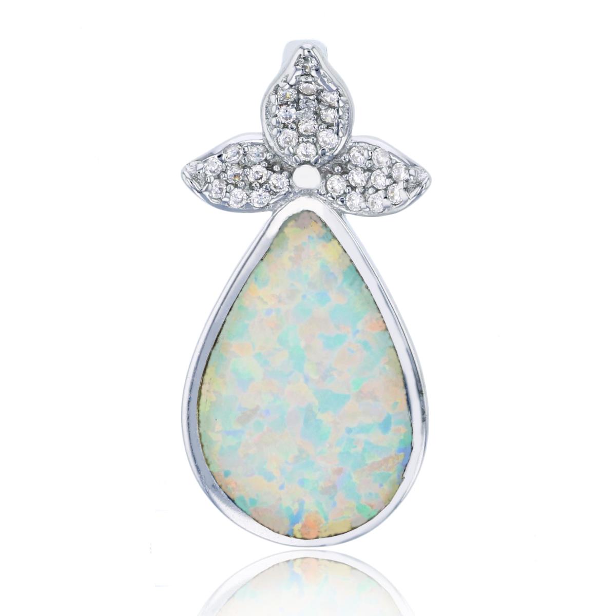 Sterling Silver Rhodium Created White Opal & White CZ Pear Shape Flower Pendant