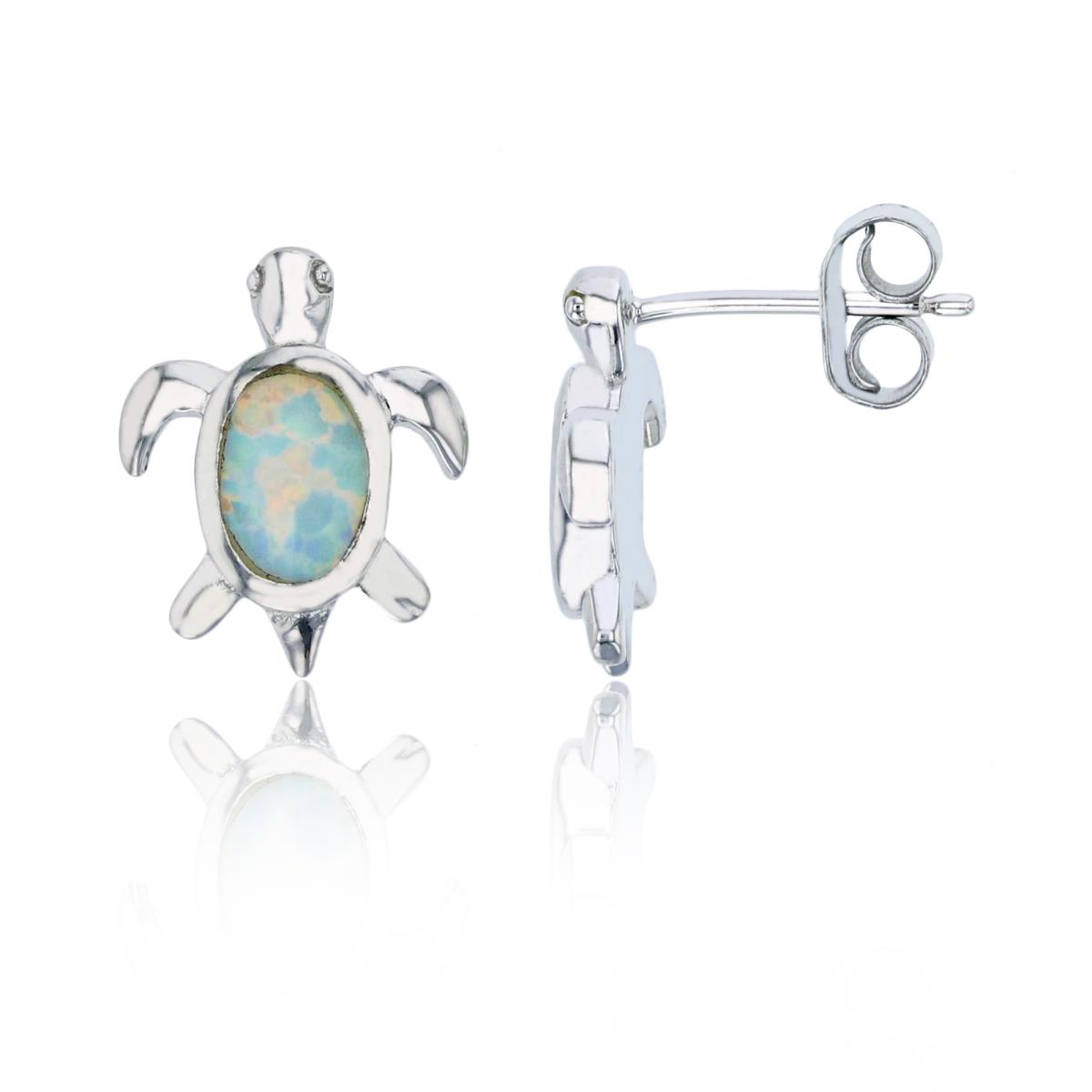 Sterling Silver Rhodium 11x13mm Created White Opal Turtle Stud Earring