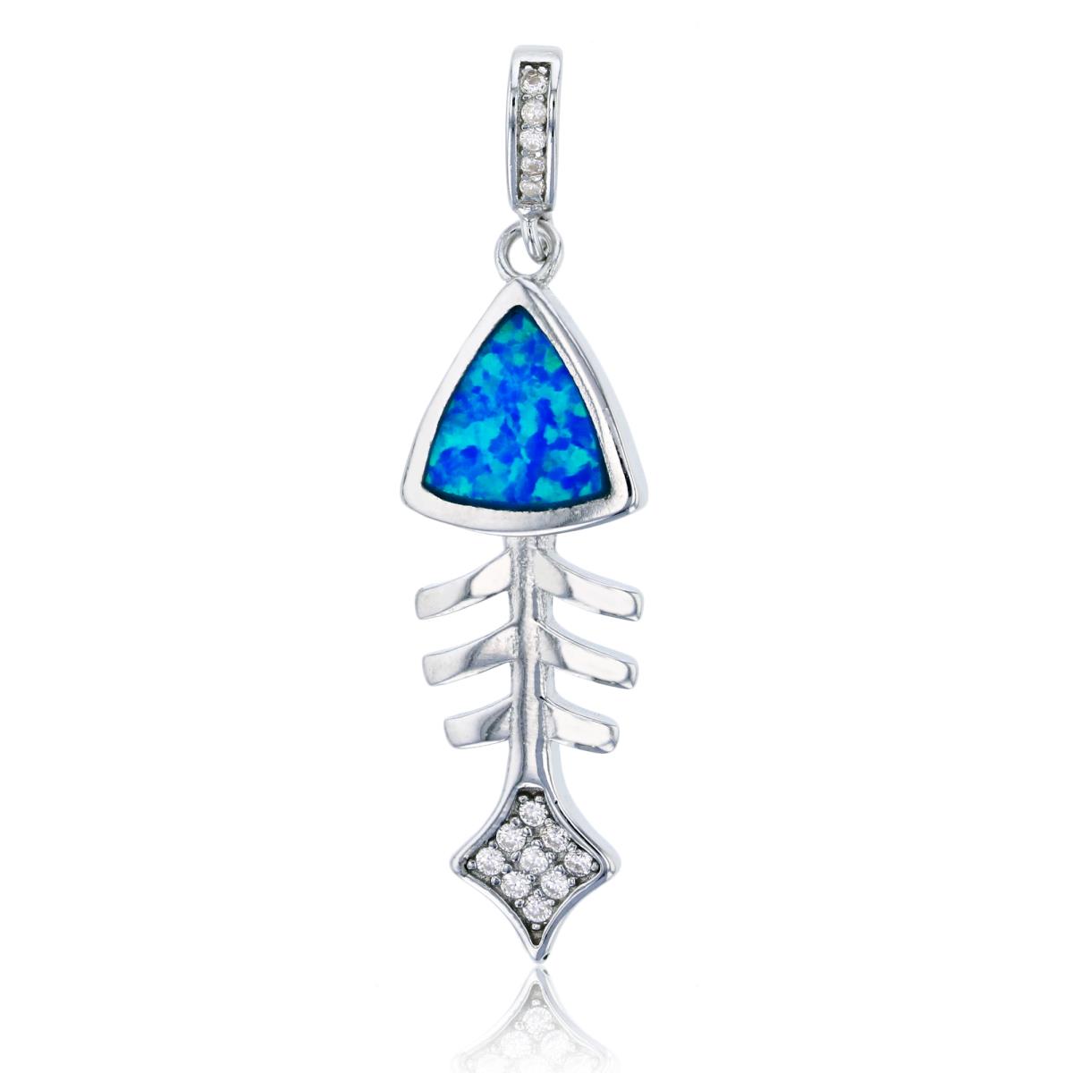 Sterling Silver Rhodium Created Blue Opal & White CZ Fishbone Pendant