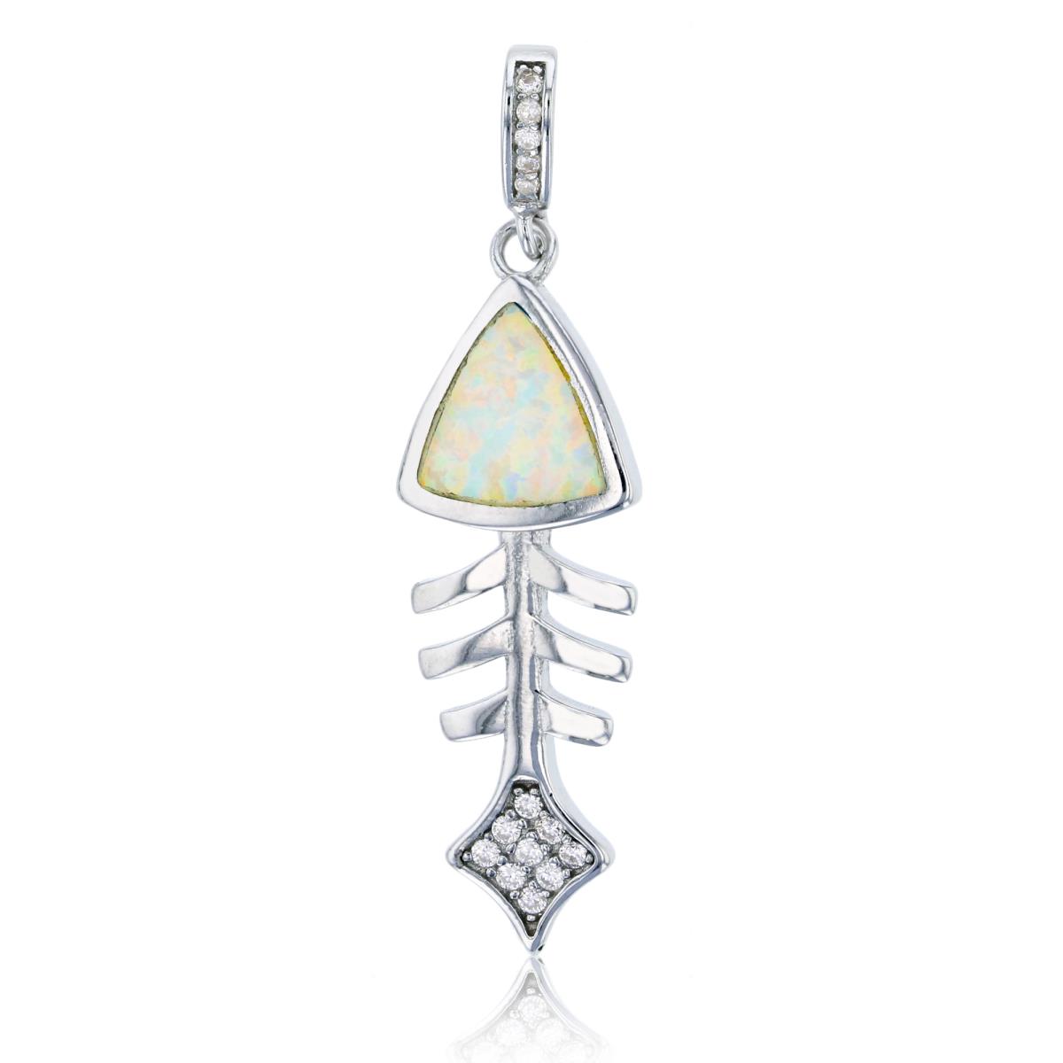 Sterling Silver Rhodium Created White Opal & White CZ Fishbone Pendant