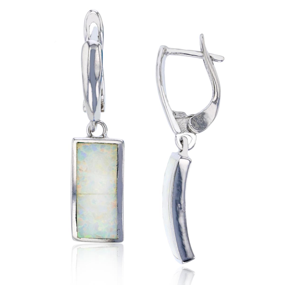Sterling Silver Rhodium 33x8mm Created White Opal Curved Rectangular Dangling Earring