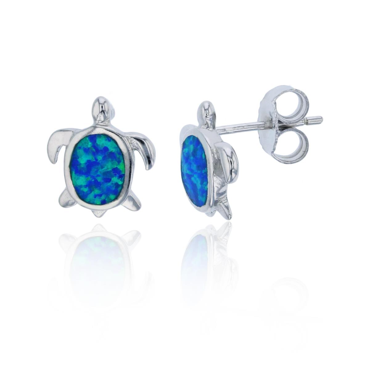 Sterling Silver Rhodium 10x11mm Created Blue Opal Turtle Stud Earring