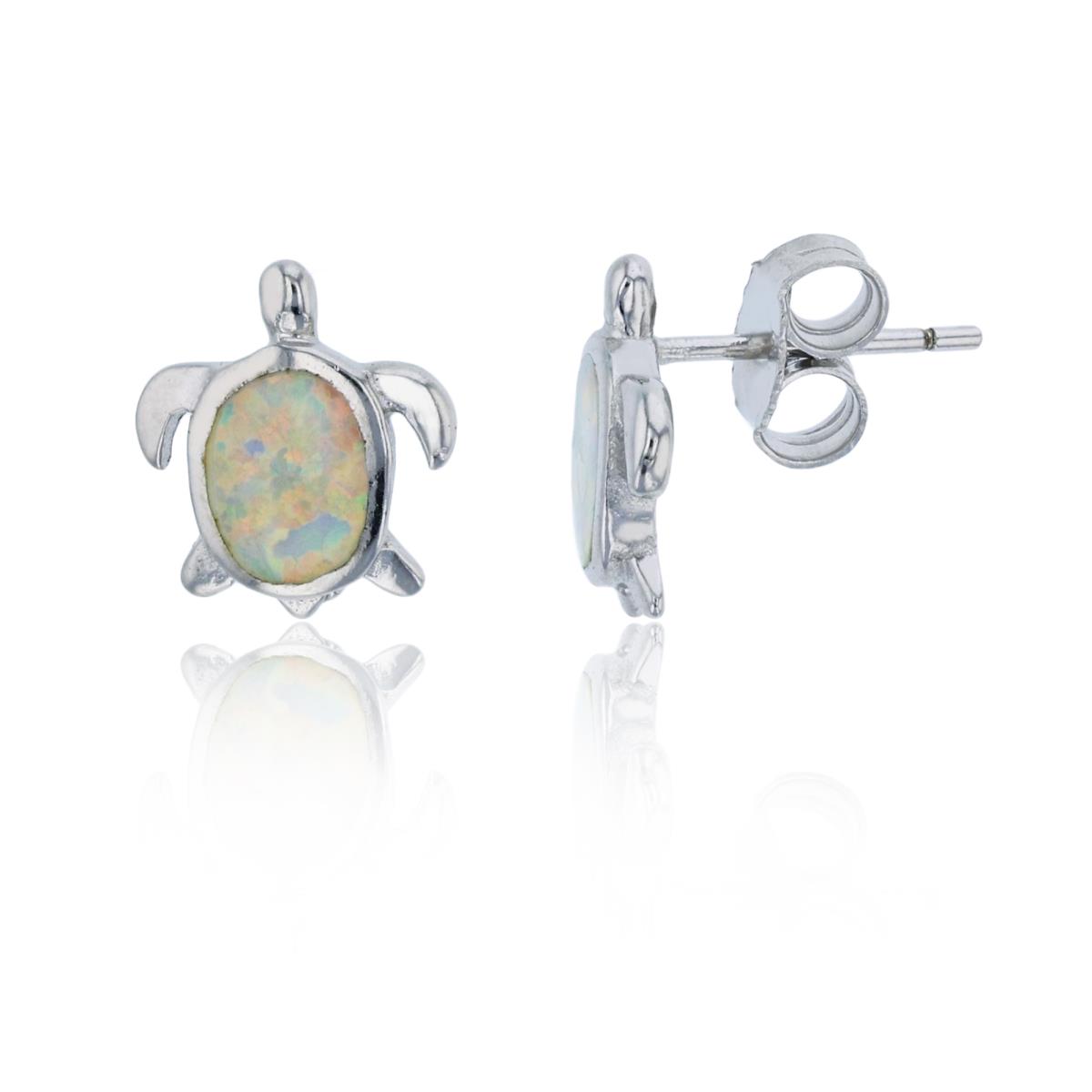 Sterling Silver Rhodium 10x11mm Created White Opal Turtle Stud Earring