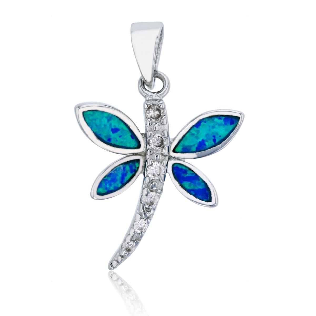Sterling Silver Rhodium Created Blue Opal & White CZ Dragonfly Dangling Pendant