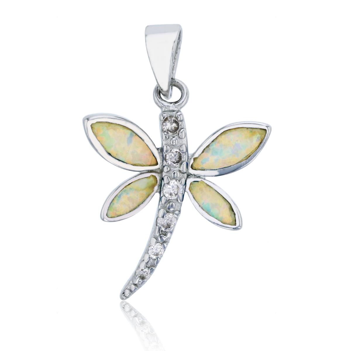 Sterling Silver Rhodium Created White Opal & White CZ Dragonfly Dangling Pendant