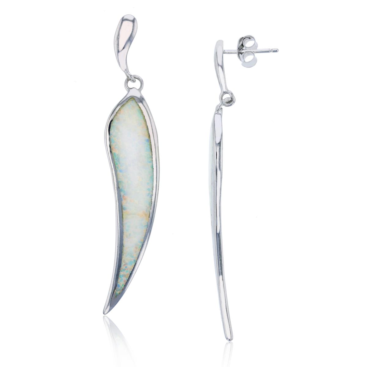 Sterling Silver Rhodium 58x10mm Created White Opal Horn Dangling Earring