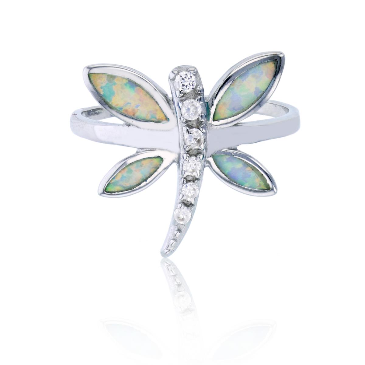 Sterling Silver Rhodium Created White Opal & White CZ Dragonfly Fashion Ring