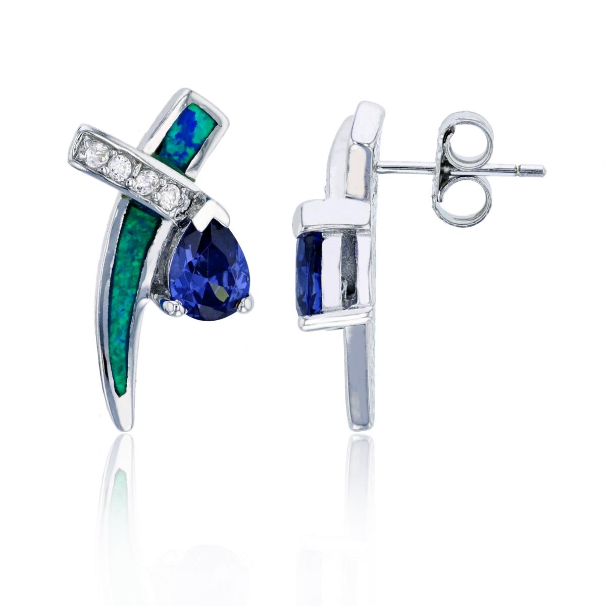 Sterling Silver Rhodium Created Blue Opal, Pear Cut Amethyst & White CZ "X" Dangling Earring