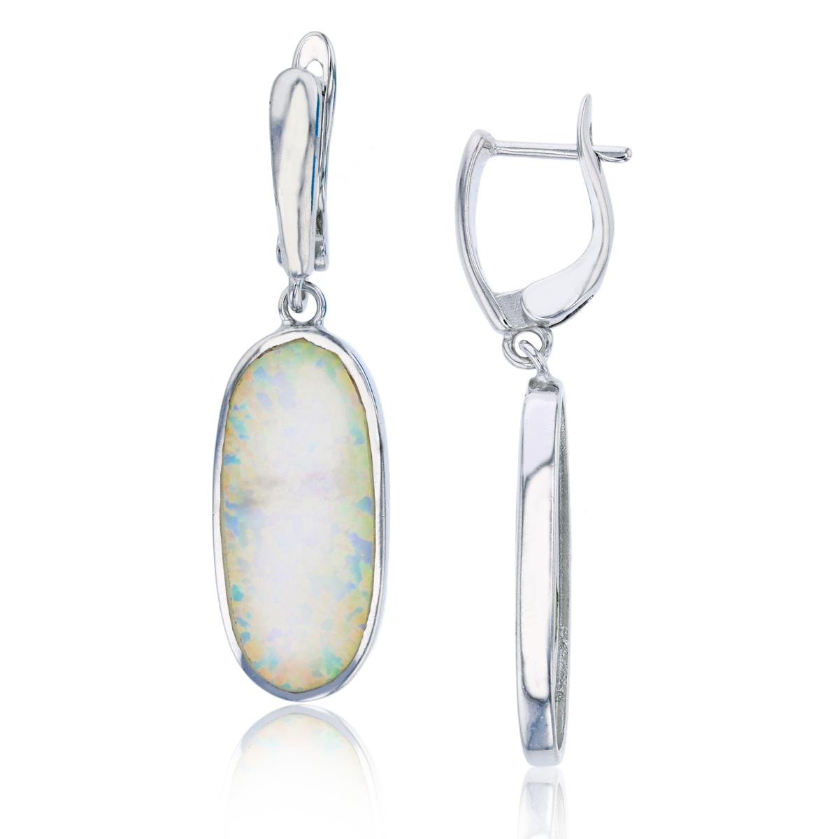 Sterling Silver Rhodium 42x12mm Created White Opal Elongated Dangling Earring