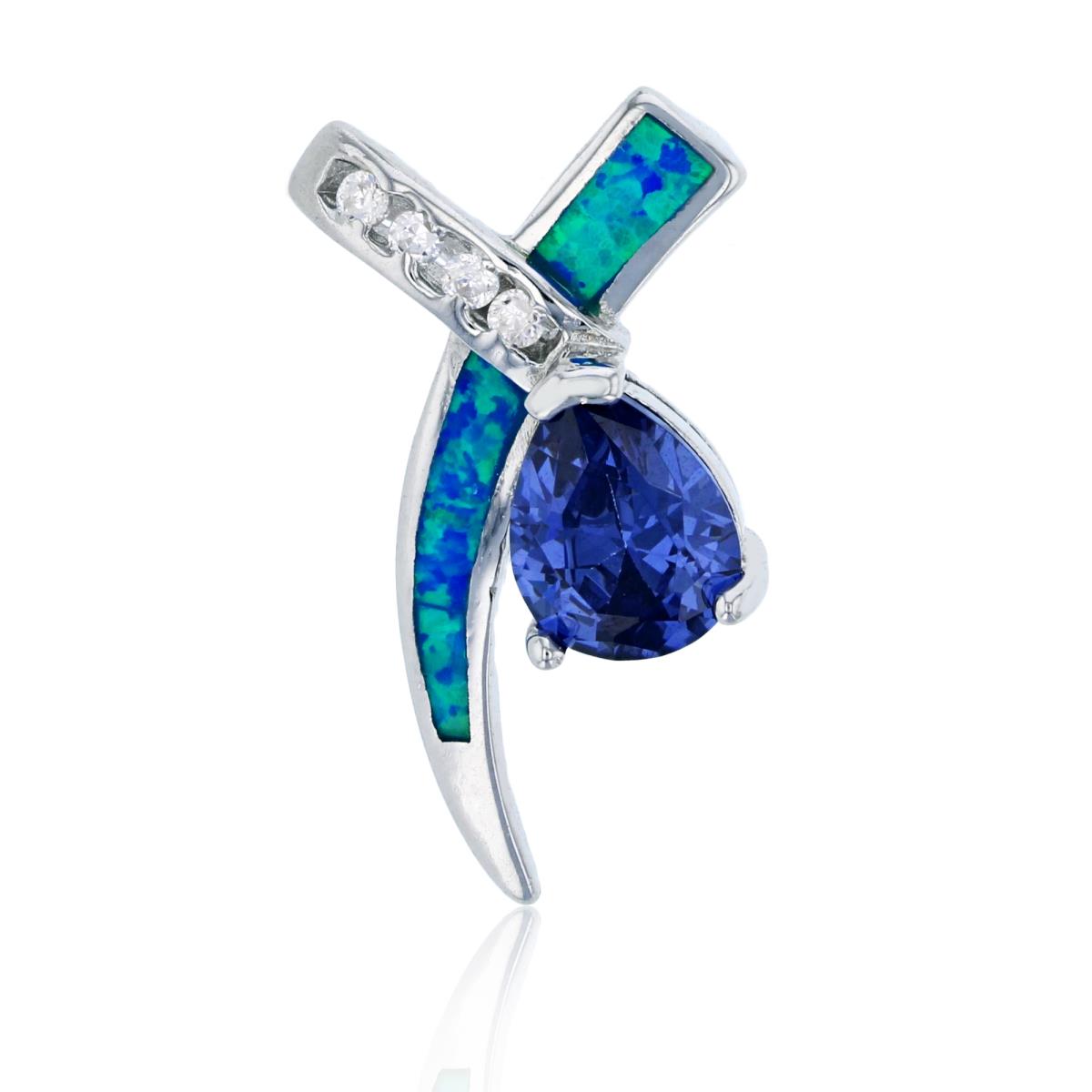 Sterling Silver Rhodium Created Blue Opal, Pear Cut Amethyst & White CZ "X" Pendant