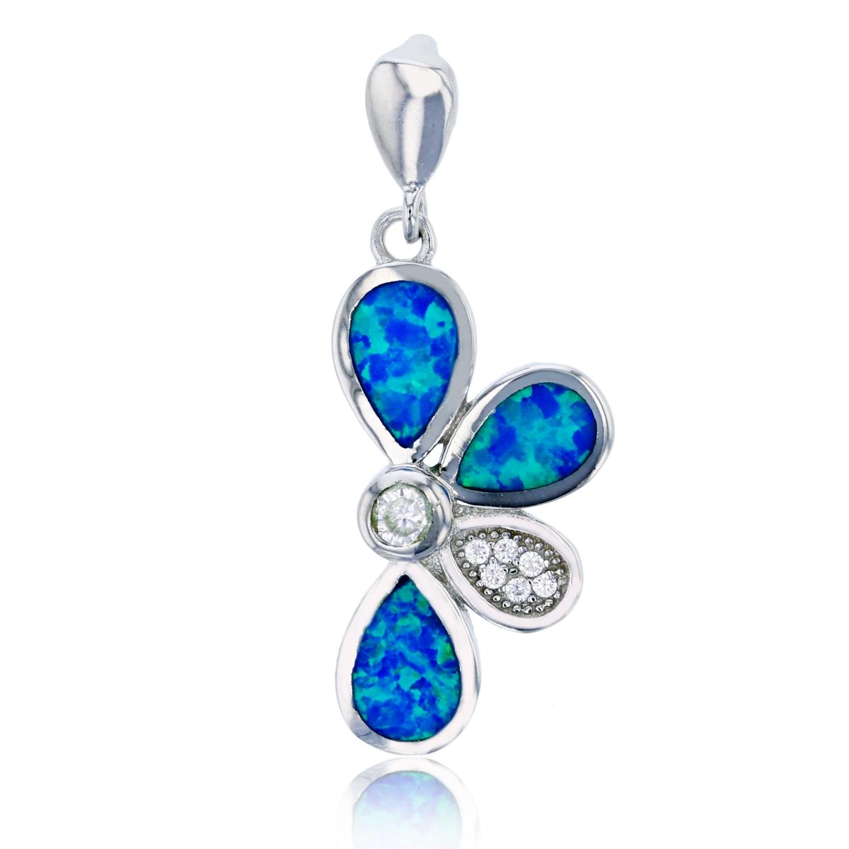 Sterling Silver Rhodium Created Blue Opal & White CZ Half Flower Pendant