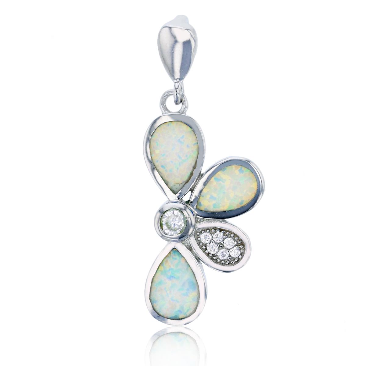 Sterling Silver Rhodium Created White Opal & White CZ Half Flower Pendant