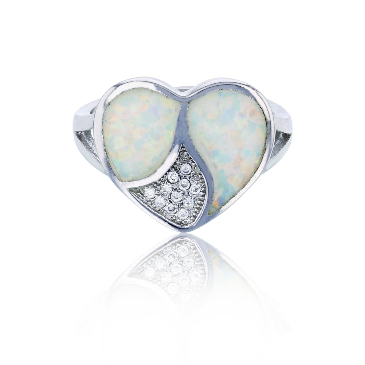 Sterling Silver Rhodium Created White Opal & CZ Heart Fashion Ring