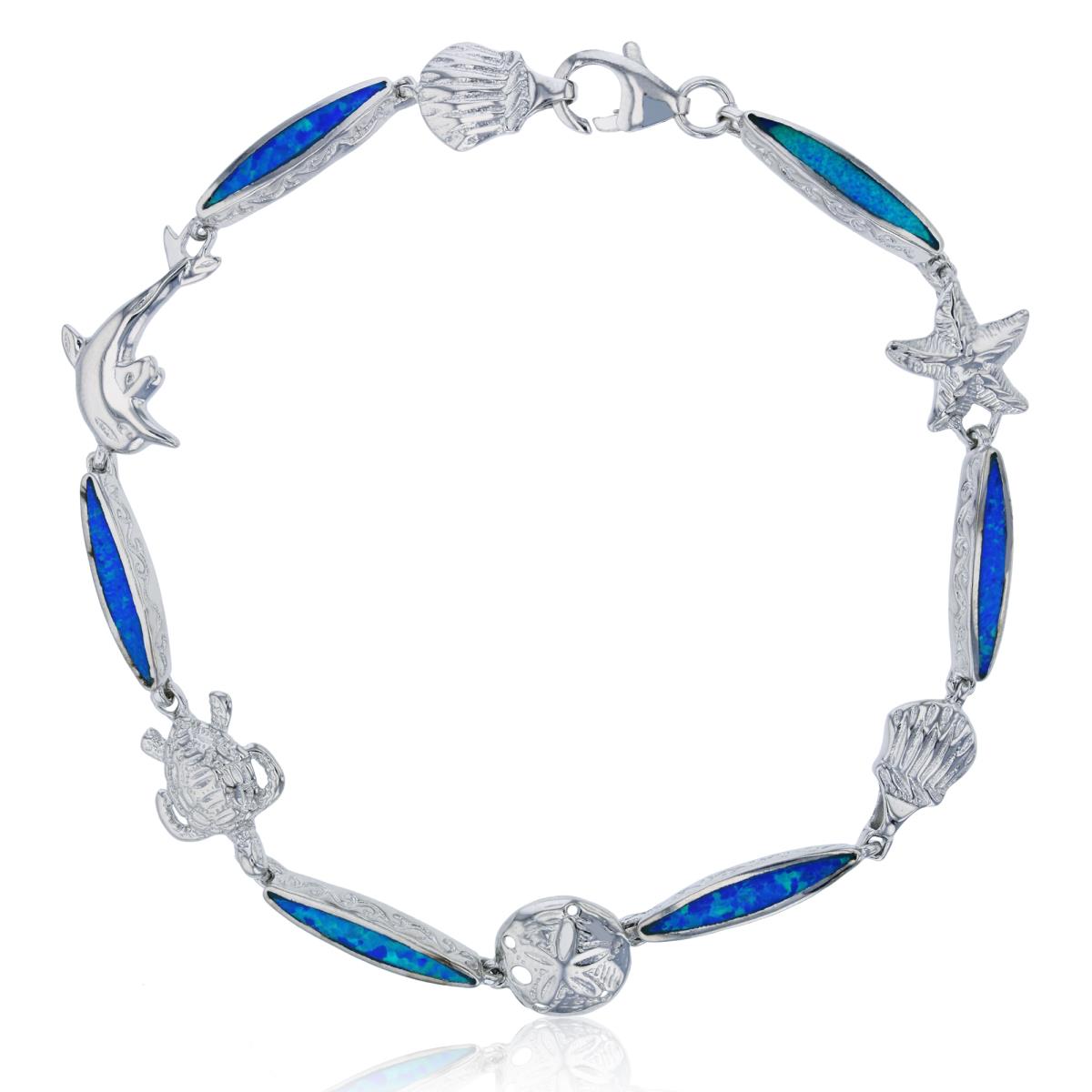 Sterling Silver Rhodium Marquise Shape Created Blue Opal Nautical 8" Bracelet