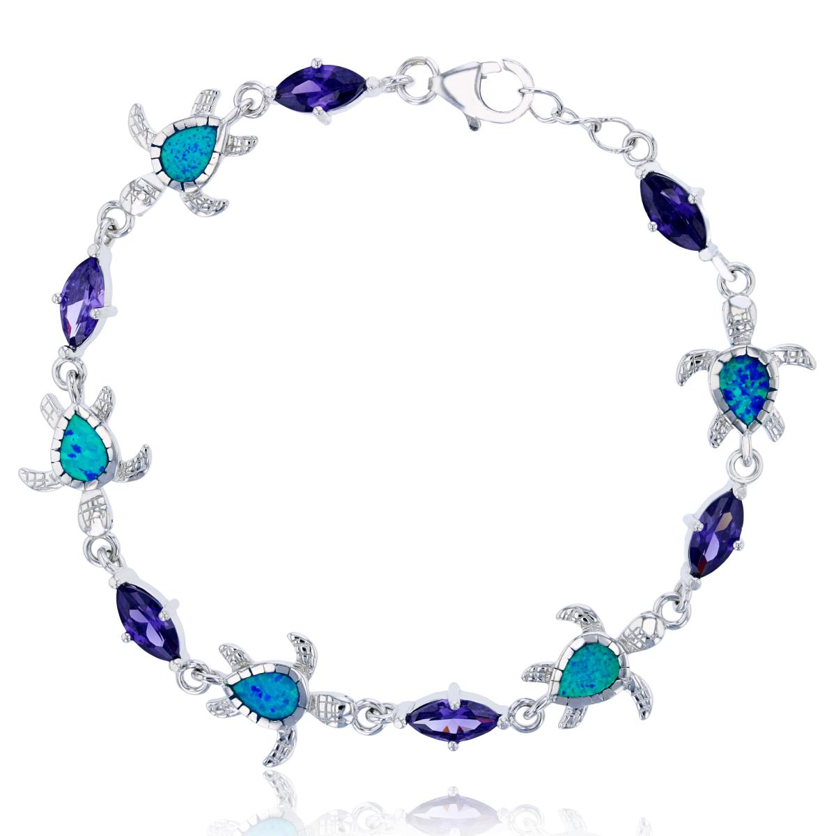 Sterling Silver Rhodium Alternating Marquise Amethyst CZ & Created Blue Opal Turtle 8" Bracelet