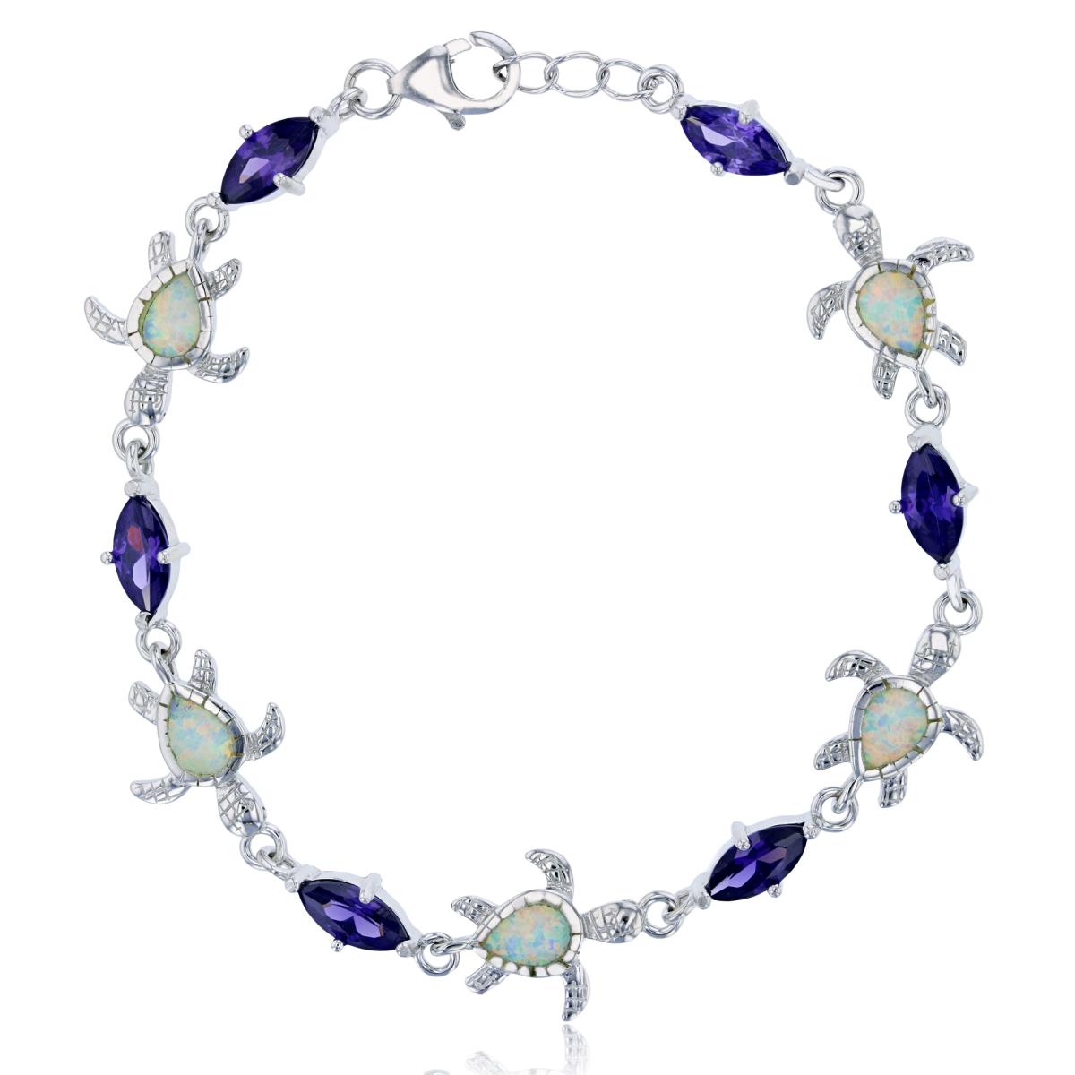 Sterling Silver Rhodium Alternating Marquise Amethyst CZ & Created White Opal Turtle 8" Bracelet