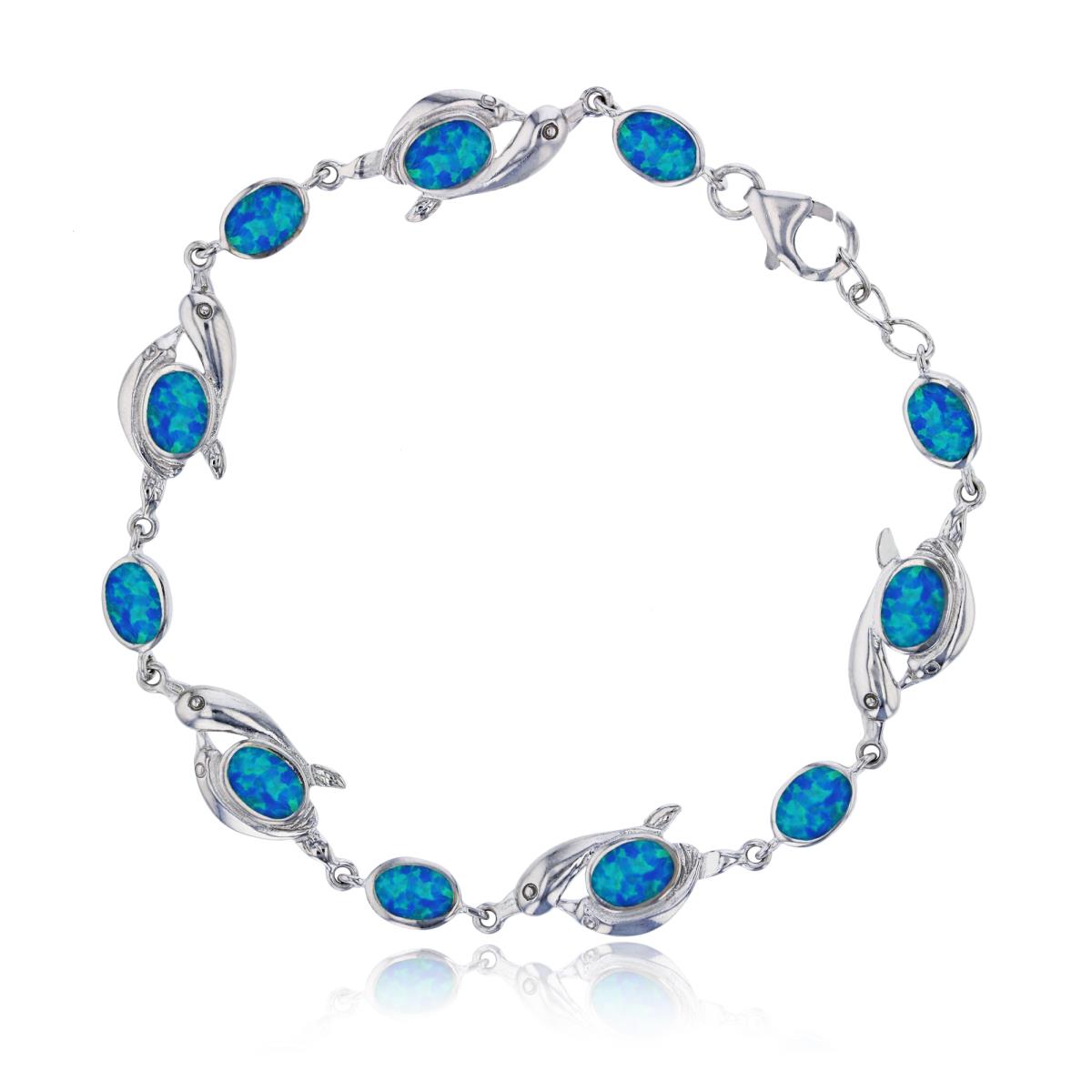 Sterling Silver Rhodium Oval Created Blue Opal Dolphins Nautical 8.5" Bracelet