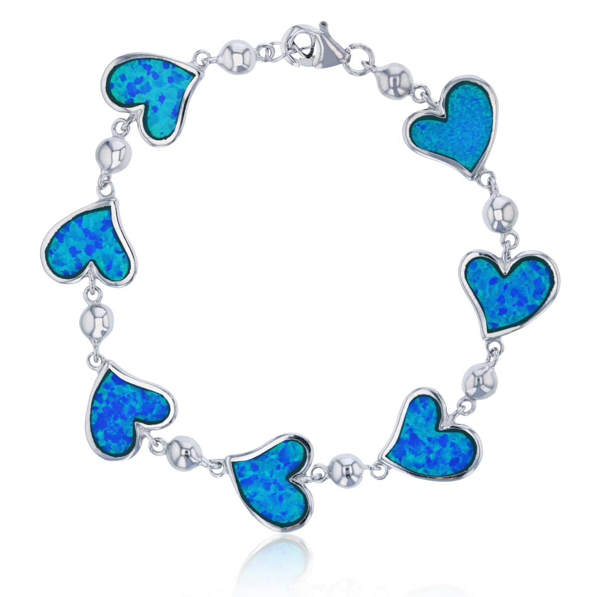 Sterling Silver Rhodium Created Blue Opal Hearts 8" Bracelet