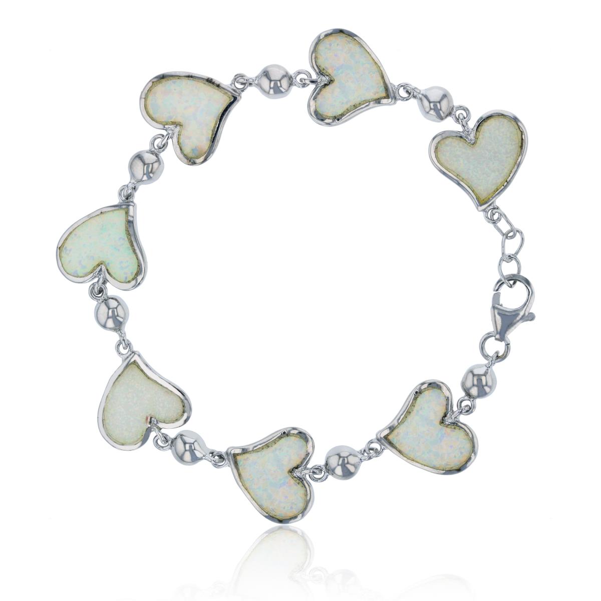 Sterling Silver Rhodium Created White Opal Hearts 8" Bracelet