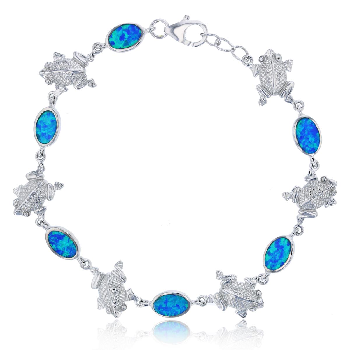 Sterling Silver Rhodium Oval Created Blue Opal & Frog 8" Bracelet