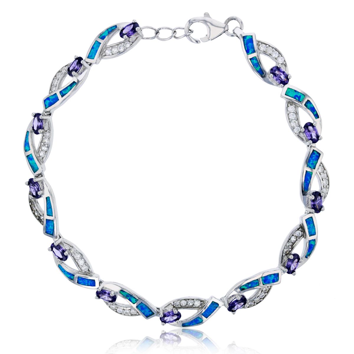 Sterling Silver Rhodium Amethyst & White CZ Created Blue Opal Marquise Shape 8" Bracelet
