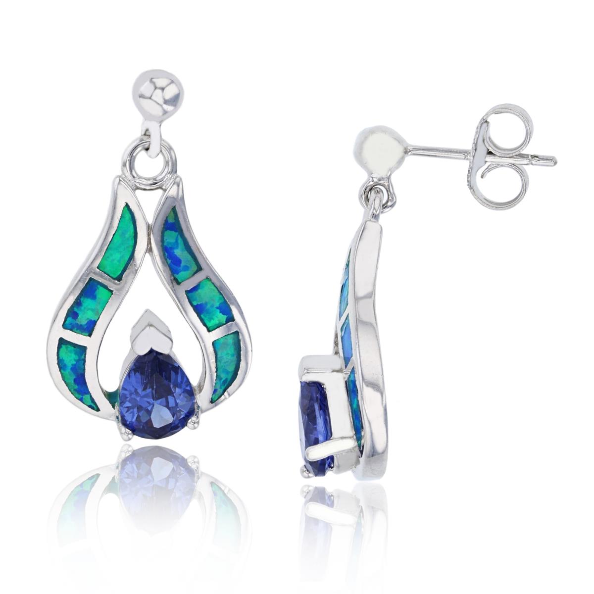 Sterling Silver Rhodium Created Blue Opal & Tanzanite CZ Pear Shape Dangling Earring