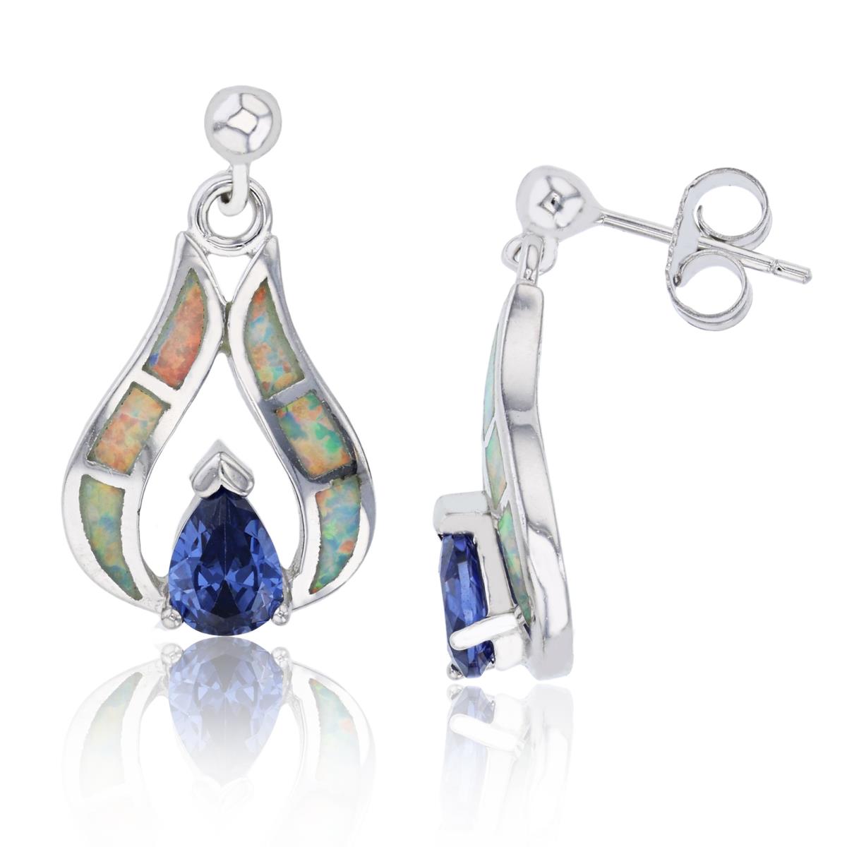 Sterling Silver Rhodium Created White Opal & Tanzanite CZ Pear Shape Dangling Earring
