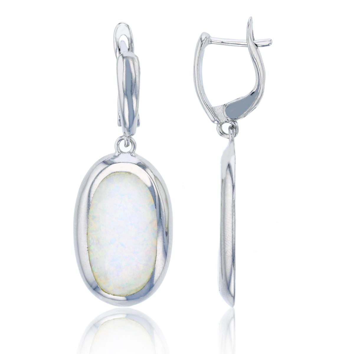 Sterling Silver Rhodium Created White Opal Oval Bezel Dangling Earring