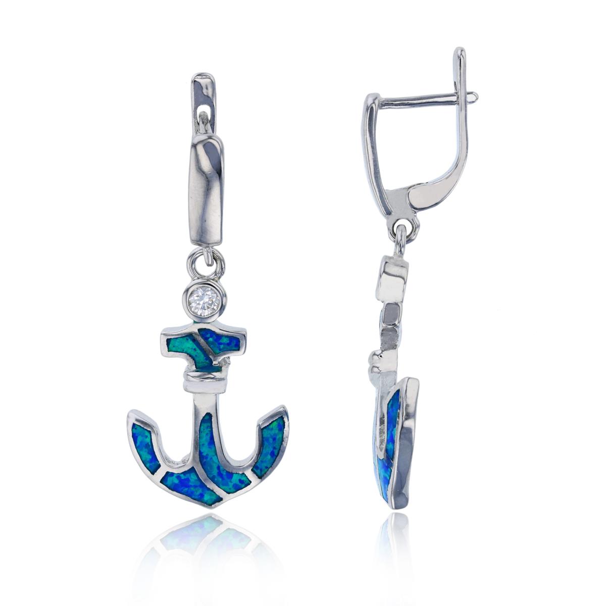 Sterling Silver Rhodium Created White Opal Anchor Dangling Earring