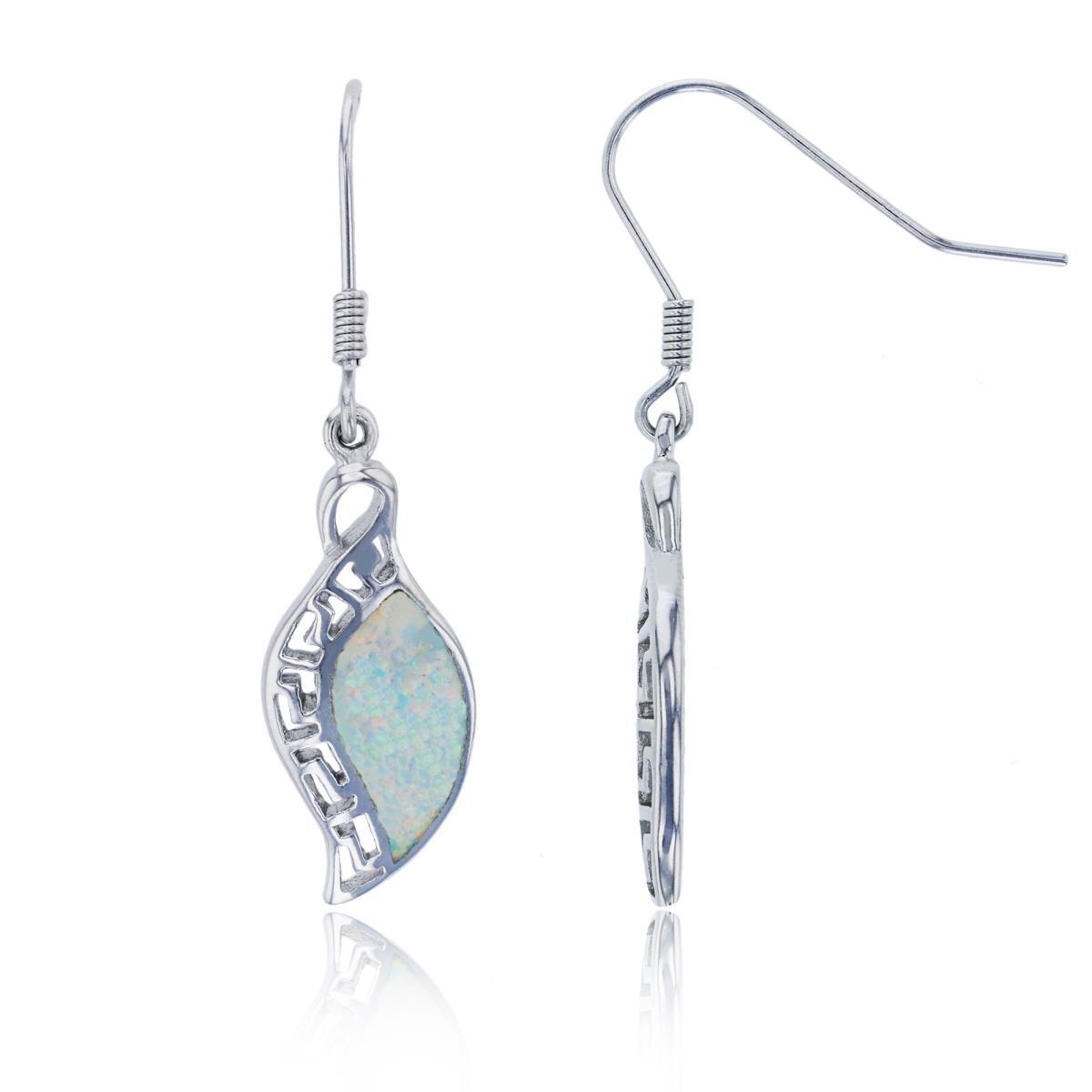 Sterling Silver Rhodium Created White Opal & Greek Key Leaf Dangling Earring
