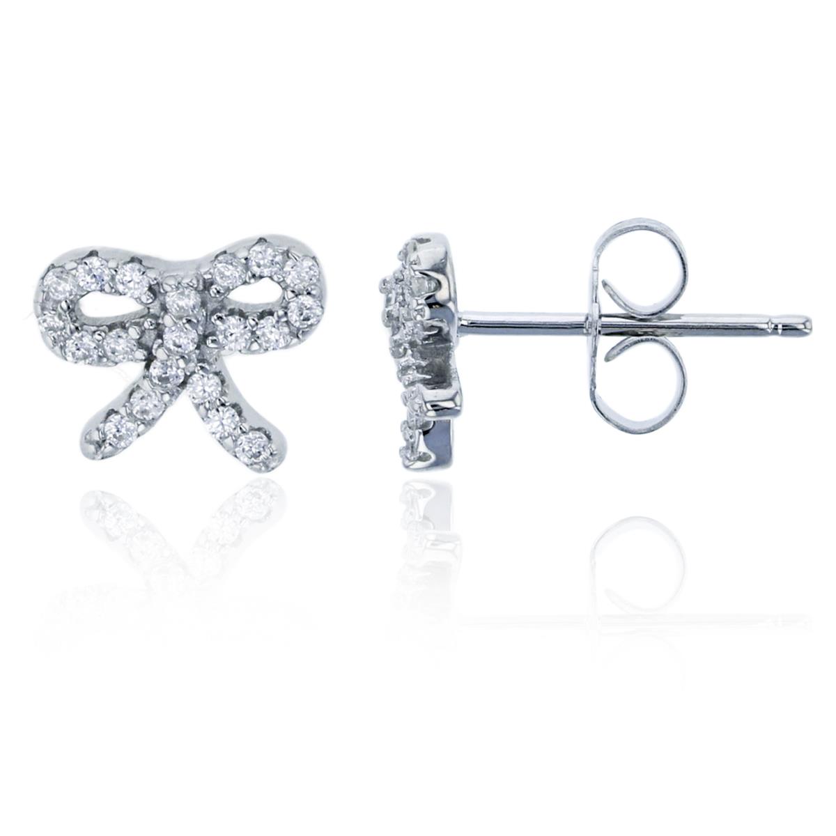 Sterling Silver Rhodium Micropave Bow Stud Earring