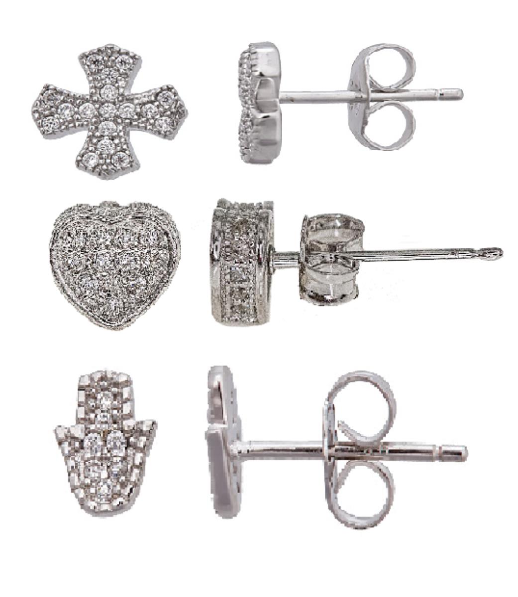 Sterling Silver Rhodium Cross, Heart & Hamsa 9;6;5mm Stud Earrings Set