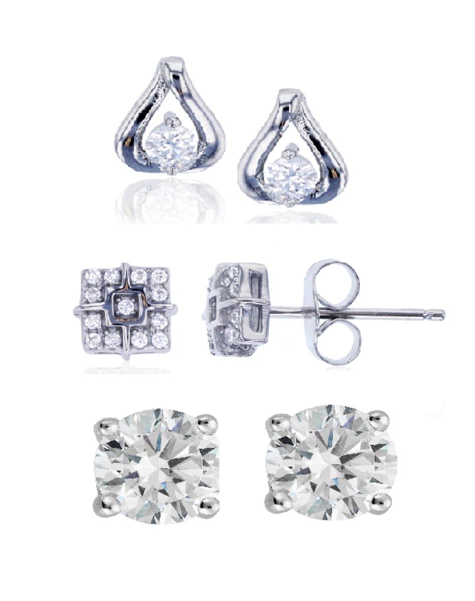 Sterling Silver Rhodium Teardrop, Square & 6mm Round Solitaire Stud Earring Set