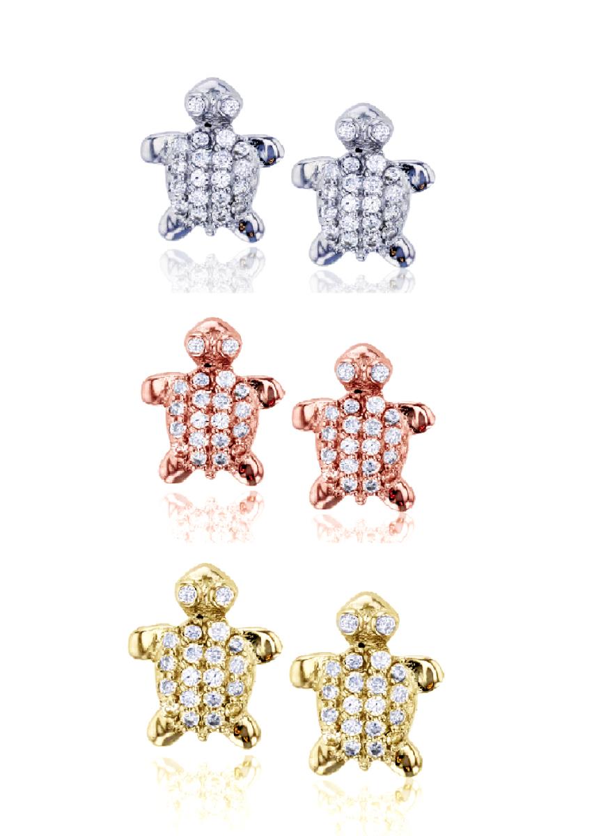 Sterling Silver Tricolor Micropave Turtle Stud Earring Set