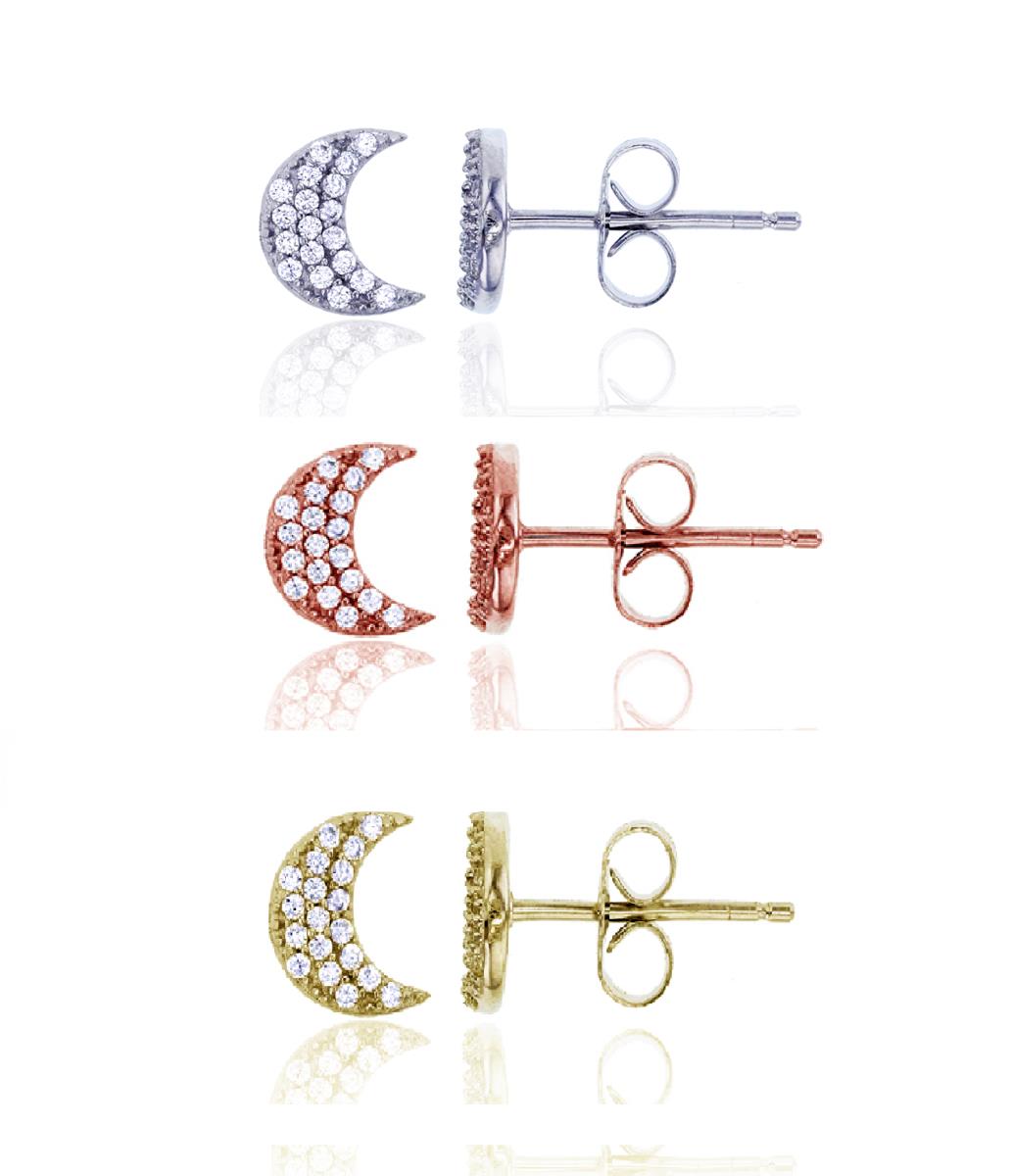 Sterling Silver Tricolor Micropave Crescent Moon Stud Earring Set