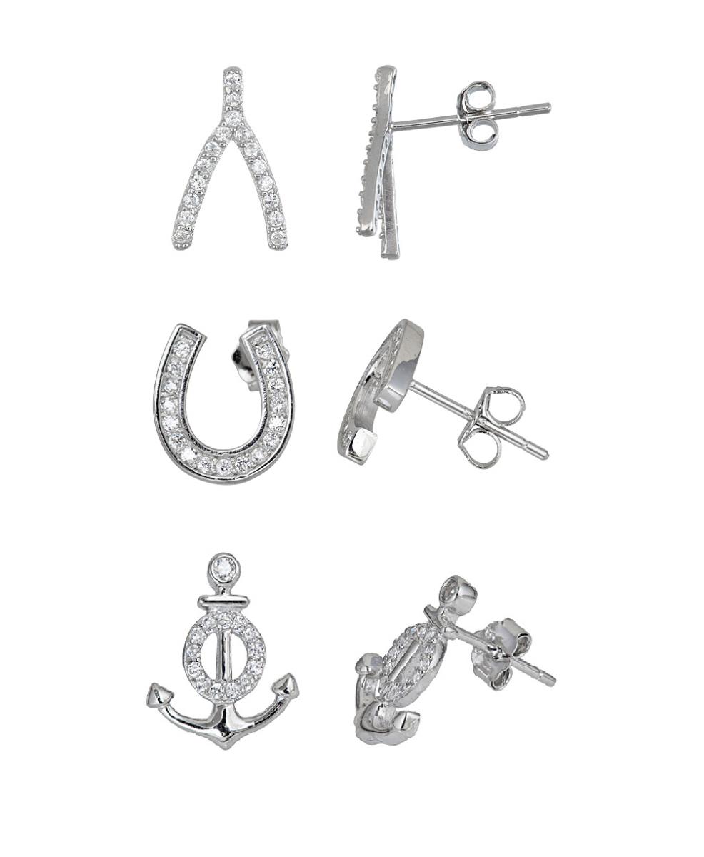 Sterling Silver Rhodium Wishbone, Horse Shoe & Anchor Stud Earring Set