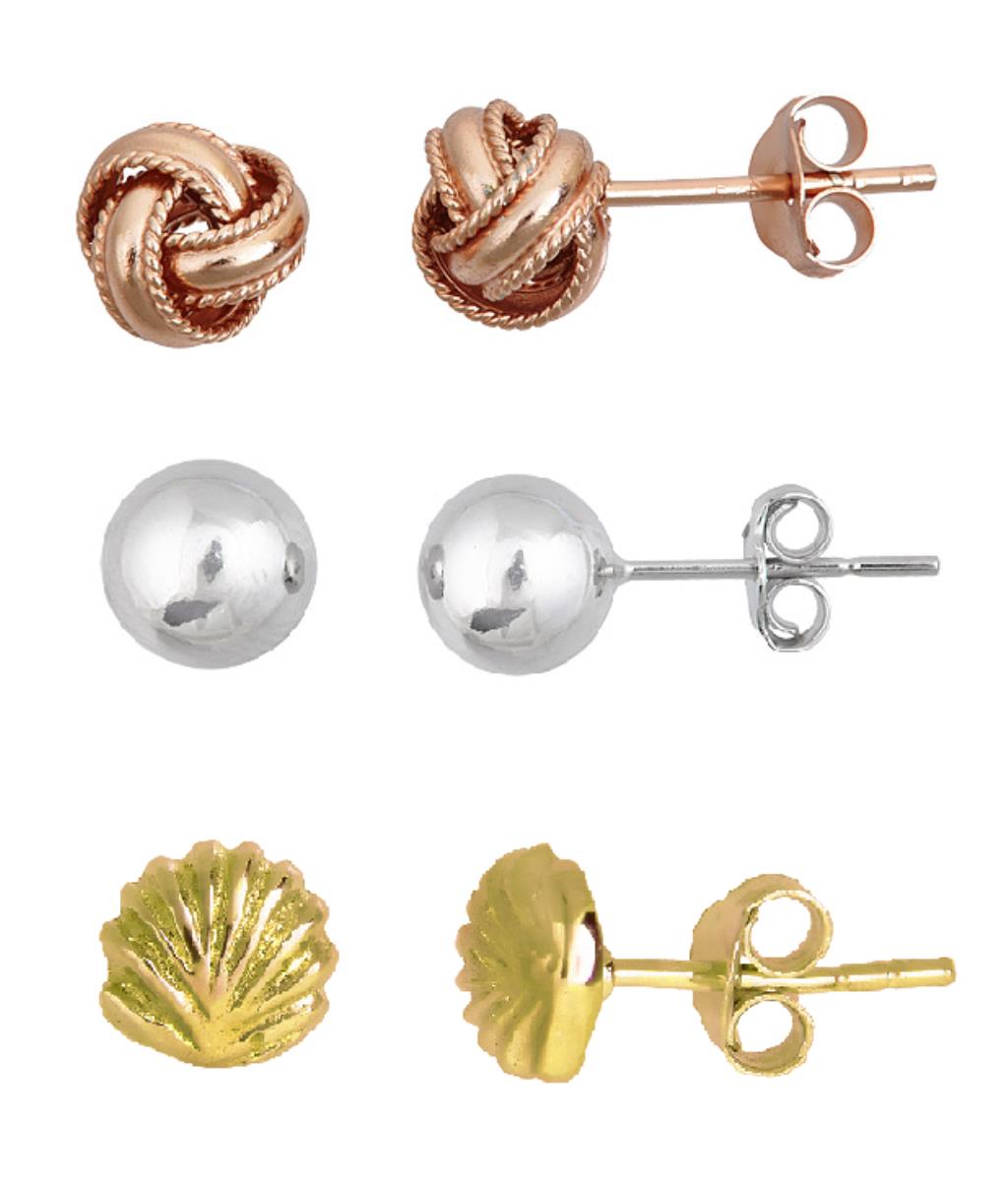 Sterling Silver Tricolor Love Knot, High Polished Ball & Sea Shell Stud Earrings Set