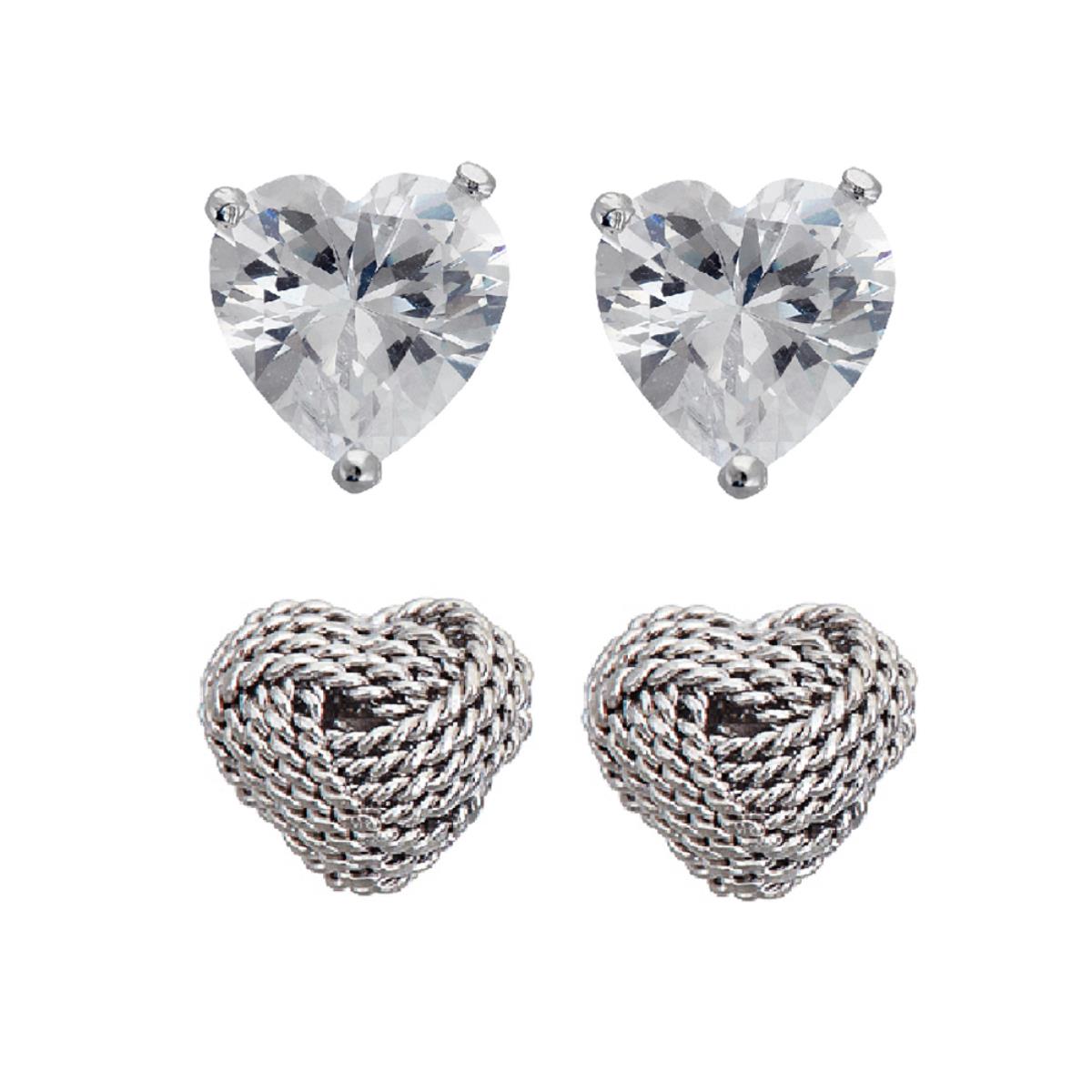 Sterling Silver Rhodium Love Knot Milgrain & 6mm Heart Cut Solitaire Stud Earring Set