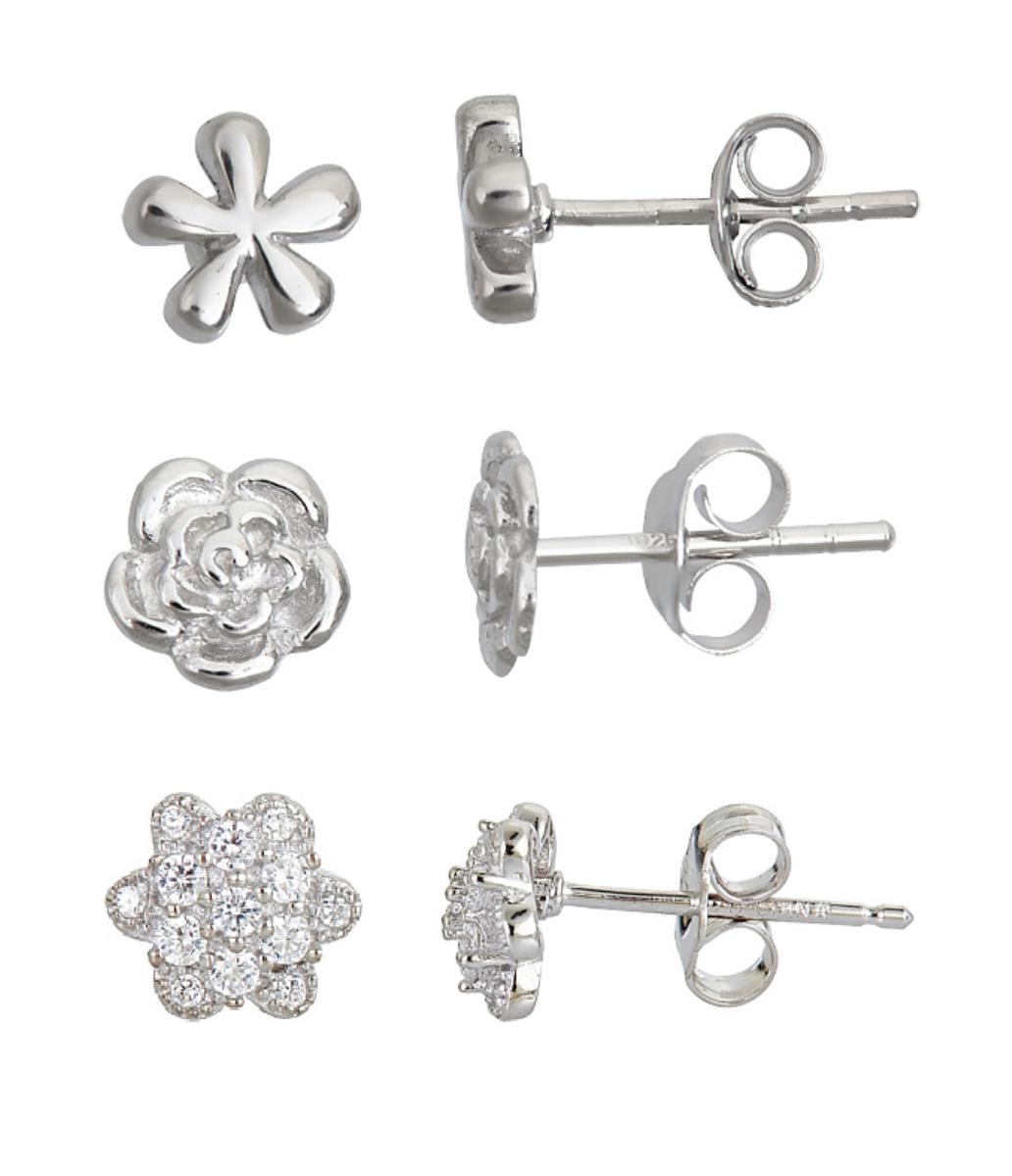 Sterling Silver Rhodium Flowers Stud 6;8mm Earrings Set