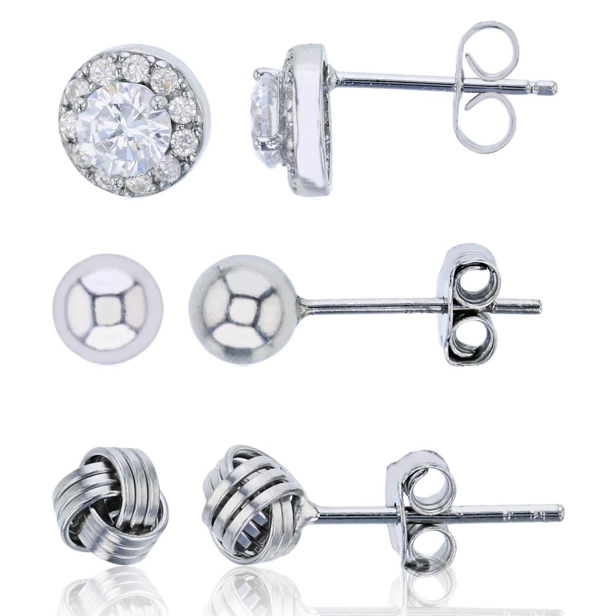 Sterling Silver Rhodium Love Knot, Ball & Round Stud Earrings Set