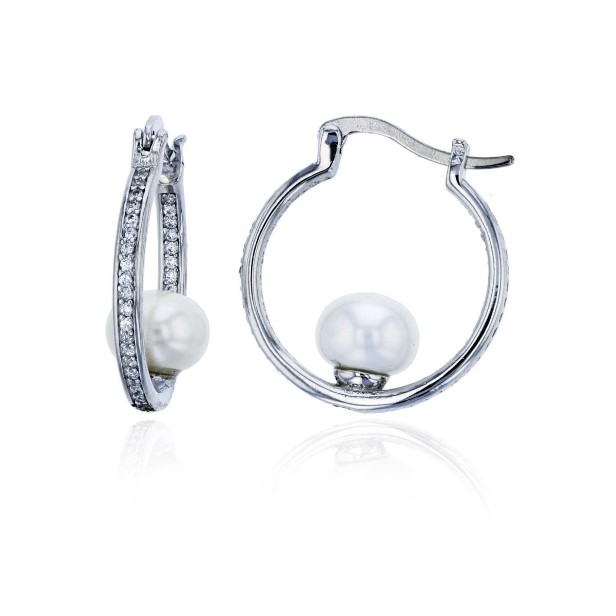 Sterling Silver Rhodium One-Row CZ & 8mm Freshwater Peal Hoop Earring