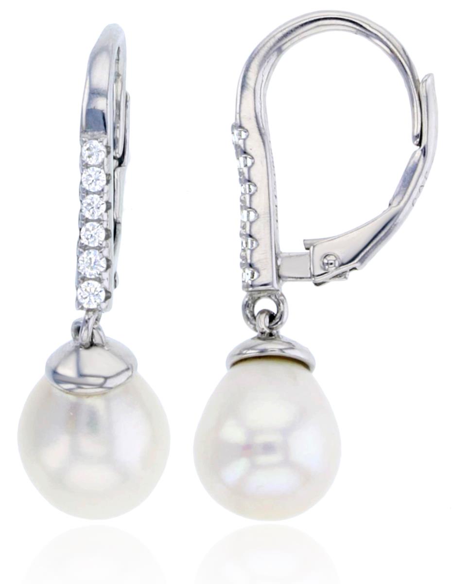Sterling Silver Rhodium 8mm Freshwater Pearl & CZ Leverback Dangling Earring