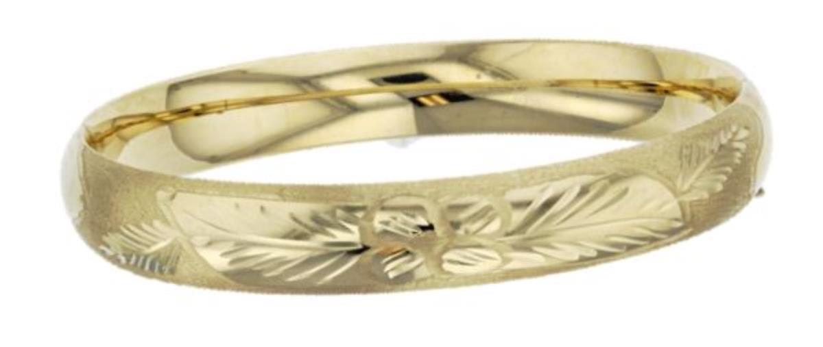 14K Yellow Gold Satin Diamond Flower Cut 9/16 7" Hollow Bangle