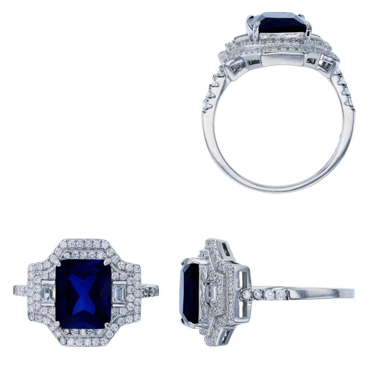 Sterling Silver Rhodium 8x10mm Sapphire Blue Emerald Cut & Clear CZ Double Halo Engagement Ring