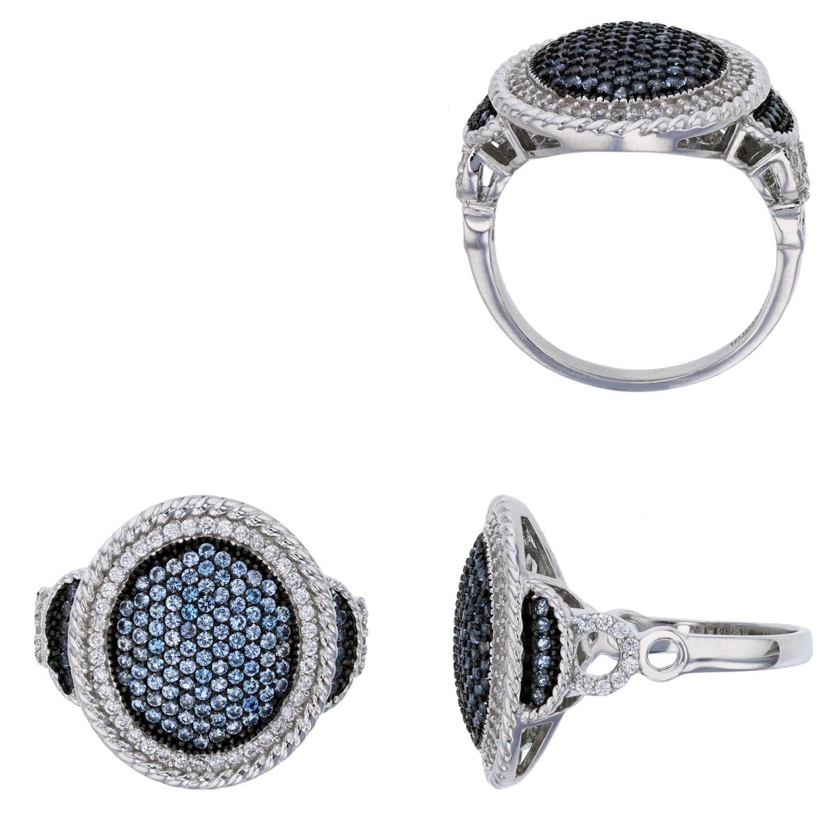 Sterling Silver Black & White Micropave Blue Spinel & Clear CZ Oval Fashion Ring