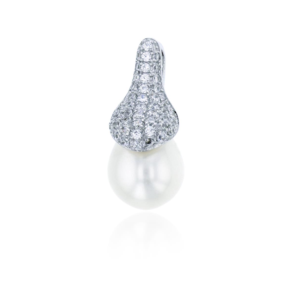 Sterling Silver Rhodium 10mm Freshwater Pearl & Micropave Clear CZ Hidden Bail Pendant