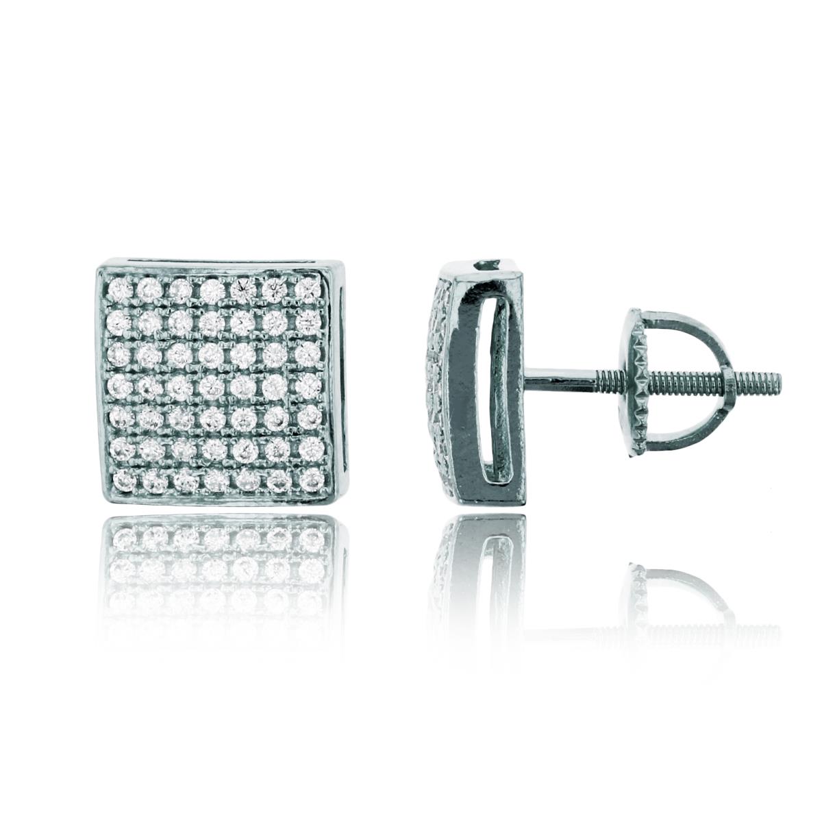 Sterling Silver Rhodium 9mm Micropave Square Screwback Stud Earring